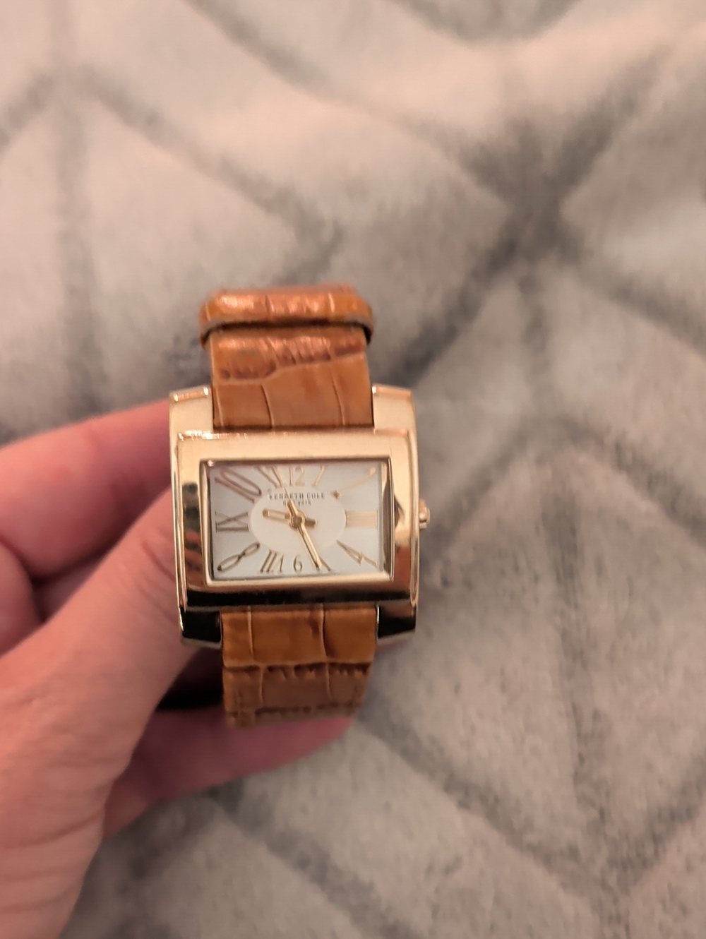 Kenneth Cole Gold Tone Rectangular Watch with Tan Croc-Embossed Strap